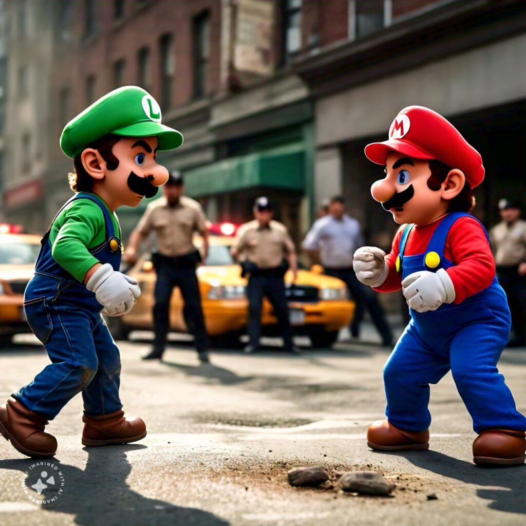 a street fighter fight between Mario and Luigi 