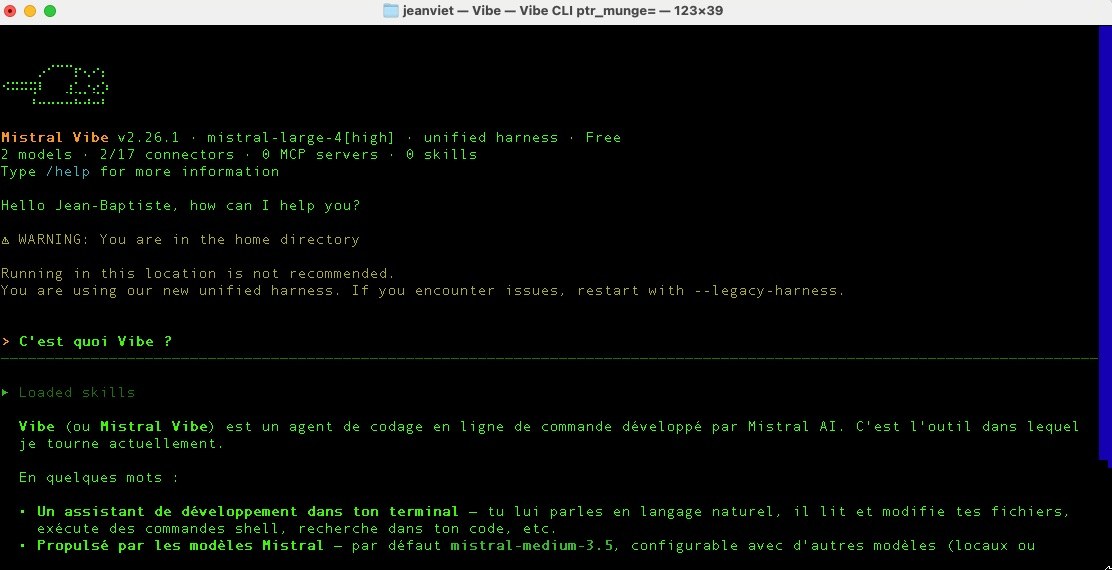 Vibe CLI de Mistral avec le modèle mistral-large-4 dans le terminal