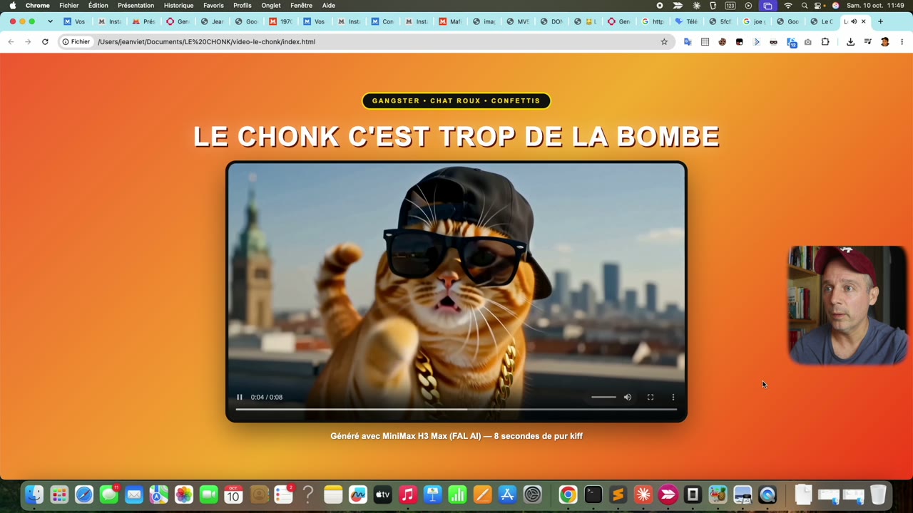 Vidéo d'un chat gangster créée par Le Chonk avec MiniMax H3 Max dans OpenCode